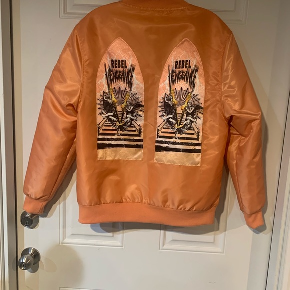 Rebel Vengeance Orange Bomber Jacket with Graphic Design - Picture 2 of 10